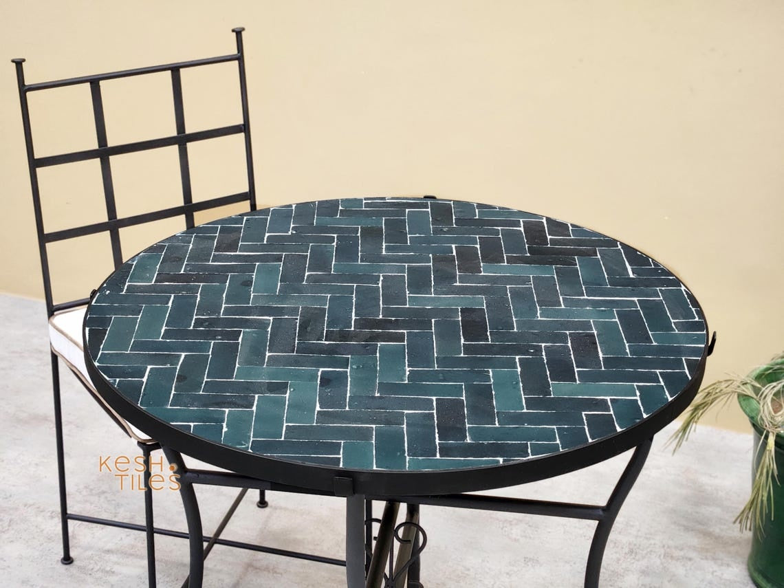 Tazdayt- Round Mosaic Table, Charcoal Grey and Turquoise Zellige Coffee Table