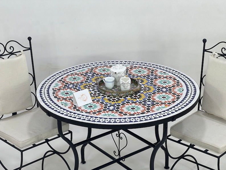 Izza - Green Yellow Mosaic Dining Table 48 Inch, Round Moroccan Zellige Table