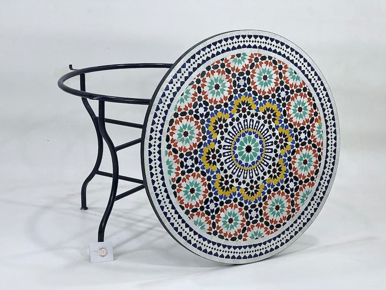 Izza - Green Yellow Mosaic Dining Table 48 Inch, Round Moroccan Zellige Table