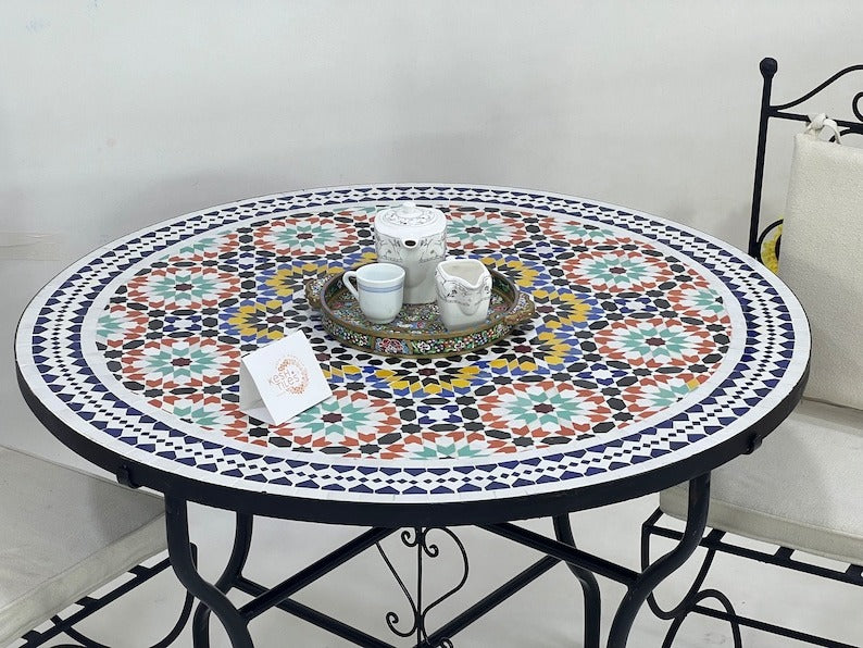 Izza - Green Yellow Mosaic Dining Table 48 Inch, Round Moroccan Zellige Table