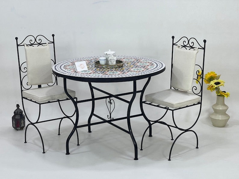 Izza - Green Yellow Mosaic Dining Table 48 Inch, Round Moroccan Zellige Table