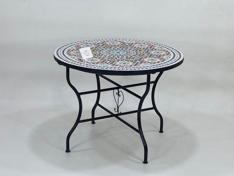 Izza - Green Yellow Mosaic Dining Table 48 Inch, Round Moroccan Zellige Table