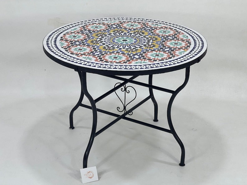 Izza - Green Yellow Mosaic Dining Table 48 Inch, Round Moroccan Zellige Table