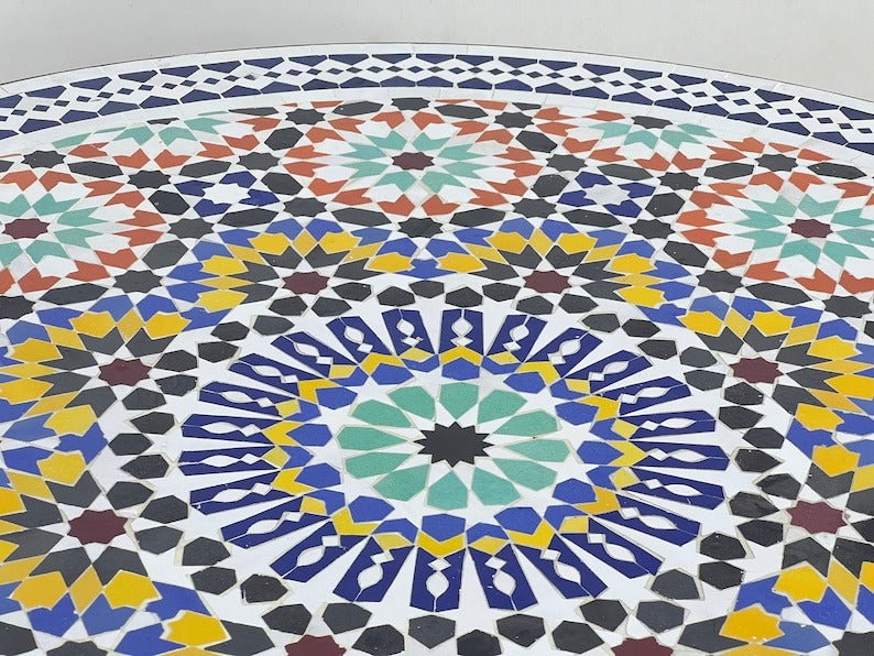 Izza - Green Yellow Mosaic Dining Table 48 Inch, Round Moroccan Zellige Table