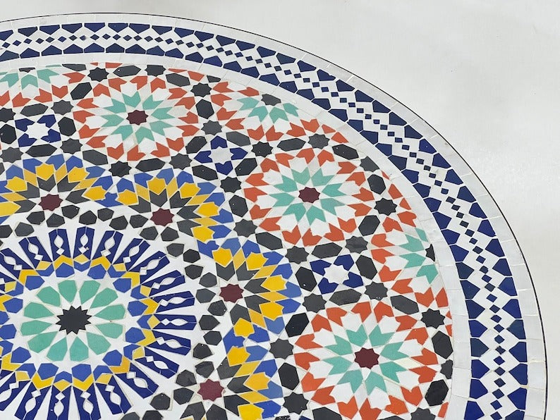 Izza - Green Yellow Mosaic Dining Table 48 Inch, Round Moroccan Zellige Table