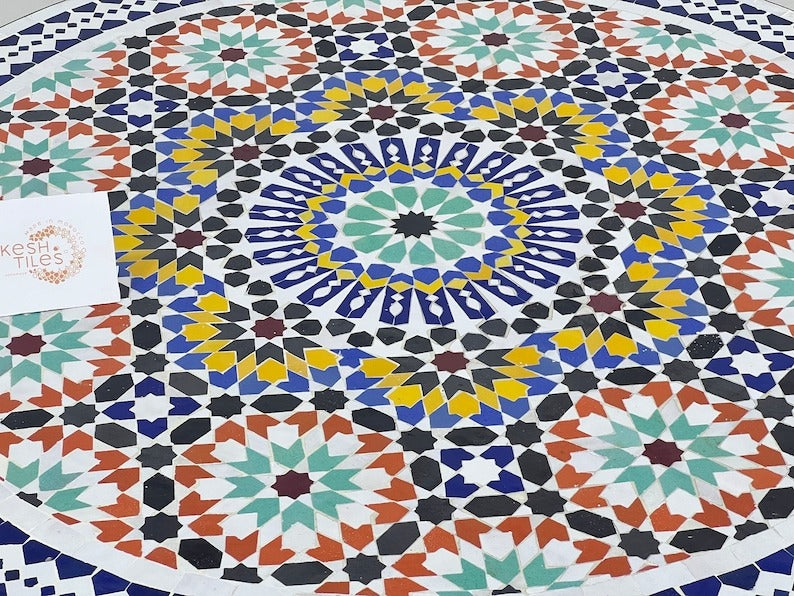 Izza - Green Yellow Mosaic Dining Table 48 Inch, Round Moroccan Zellige Table