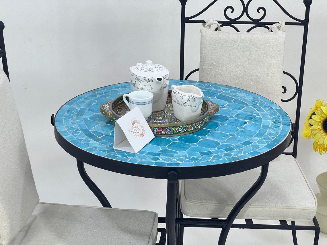 Ameni - Round Mosaic Table, Handmade Moroccan Colorful Tile Table