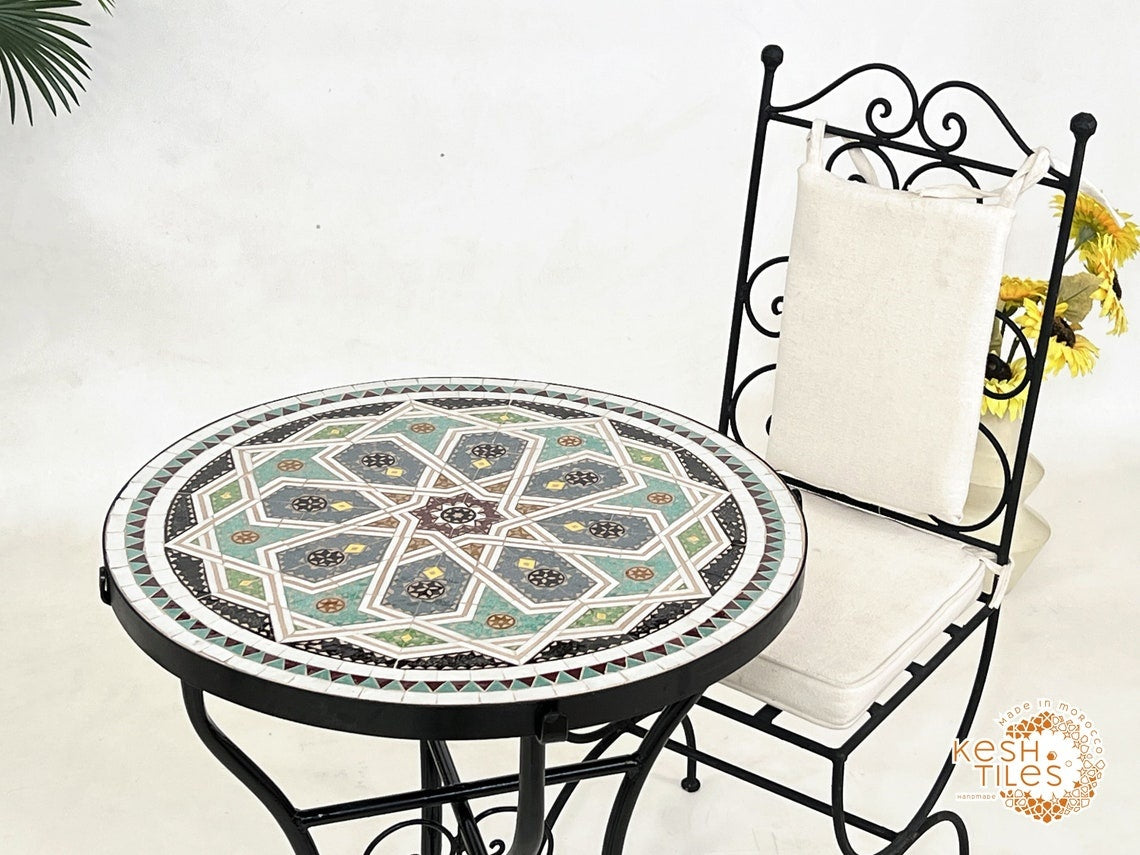 Samira - Colorful Mosaic Table, Round Handmade Moroccan Zellige Patio Table