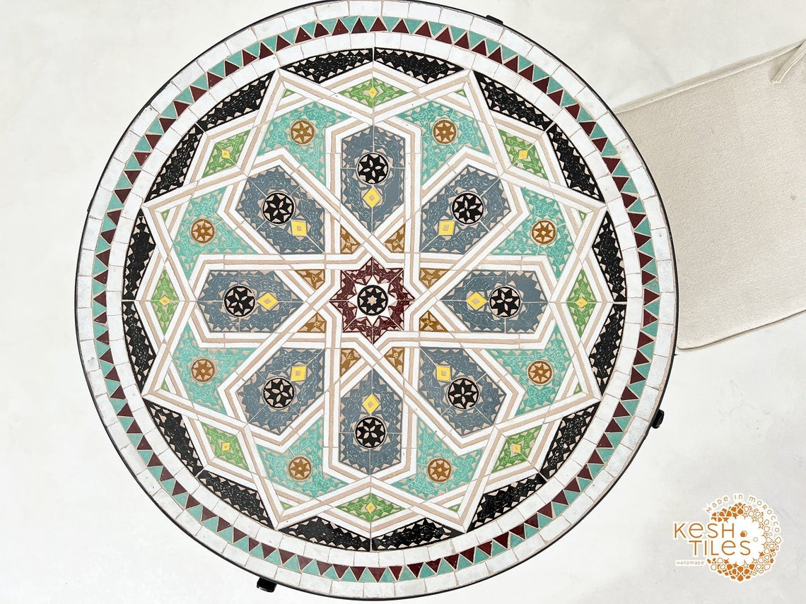 Samira - Colorful Mosaic Table, Round Handmade Moroccan Zellige Patio Table