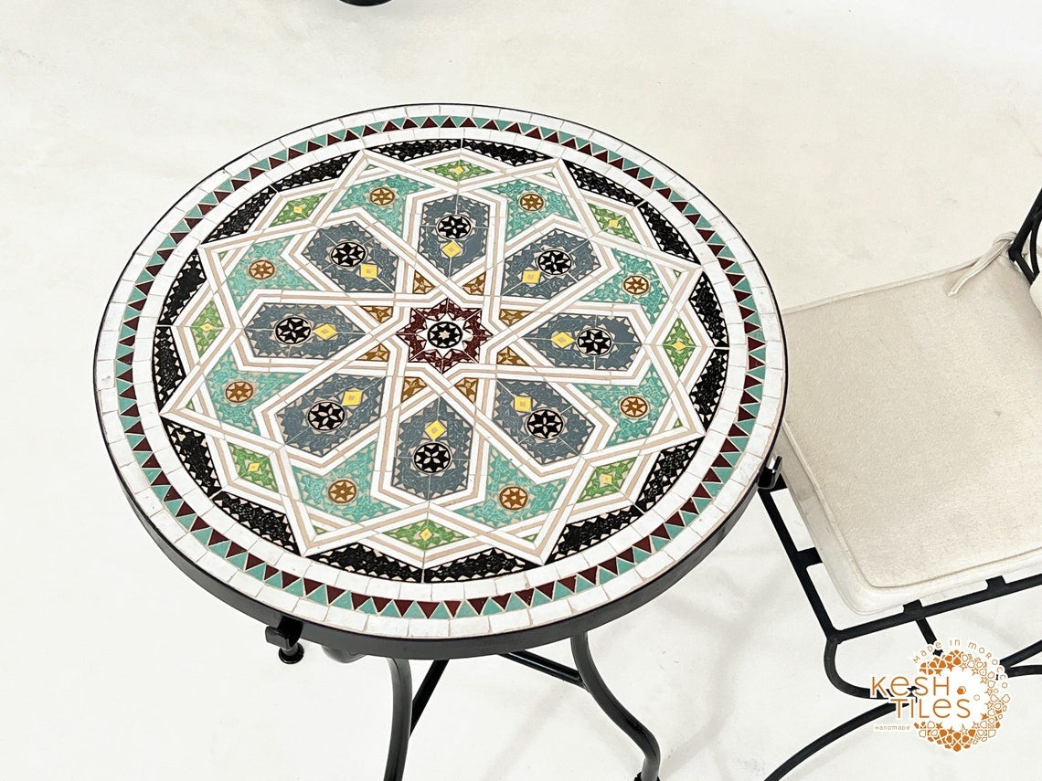 Samira - Colorful Mosaic Table, Round Handmade Moroccan Zellige Patio Table