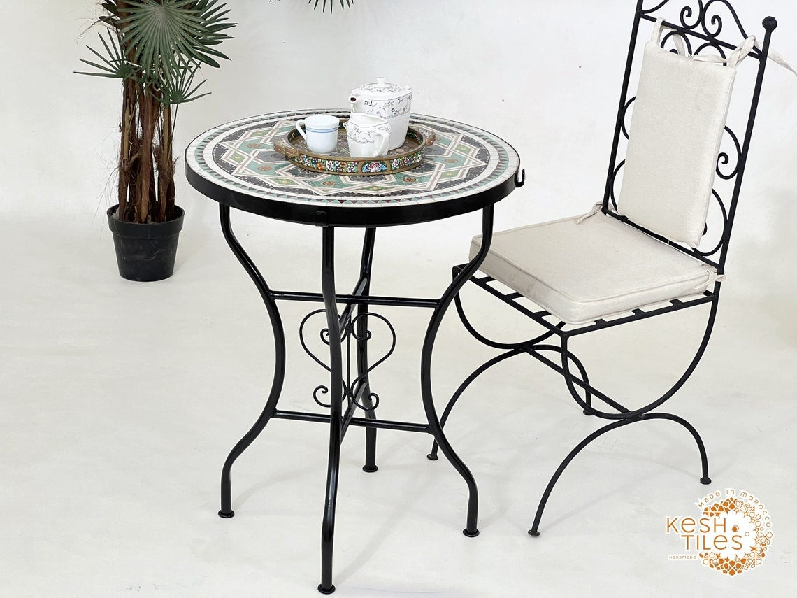 Samira - Colorful Mosaic Table, Round Handmade Moroccan Zellige Patio Table