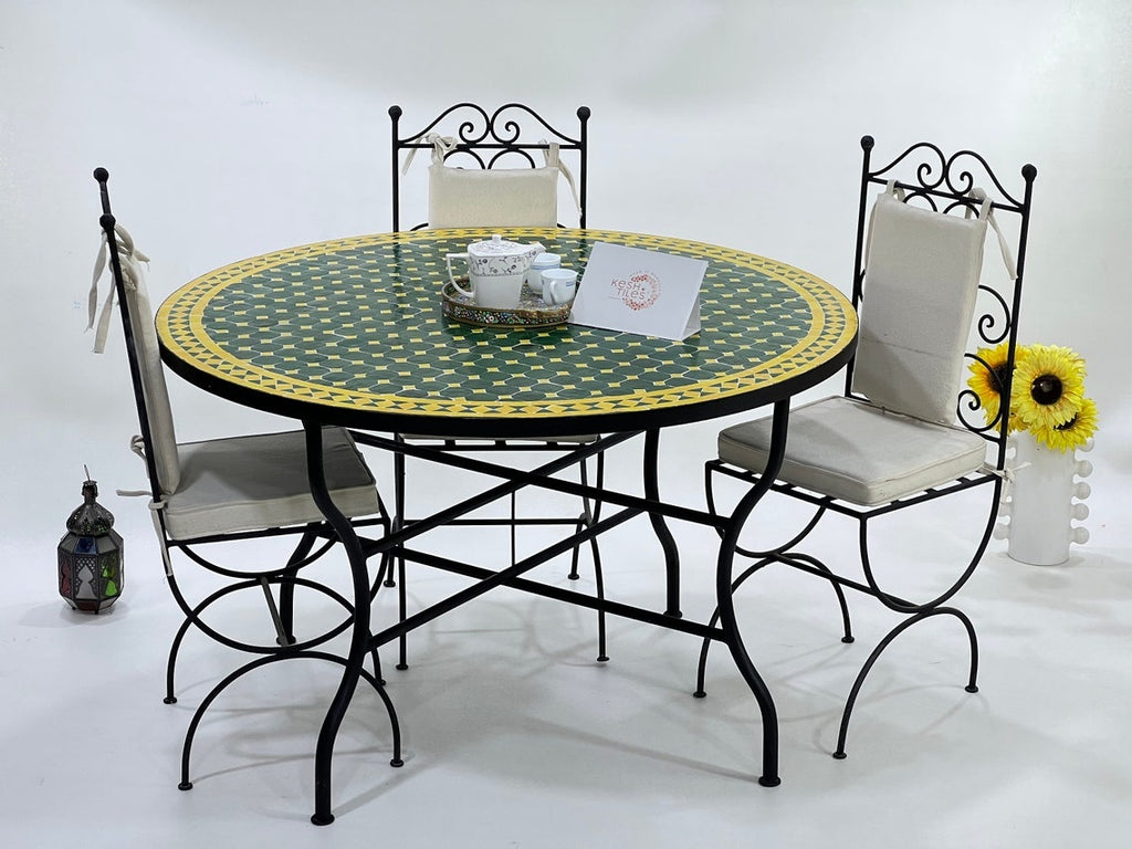 Asmae - Green and Yellow Mosaic Table, Round Handmade Moroccan Patio Table