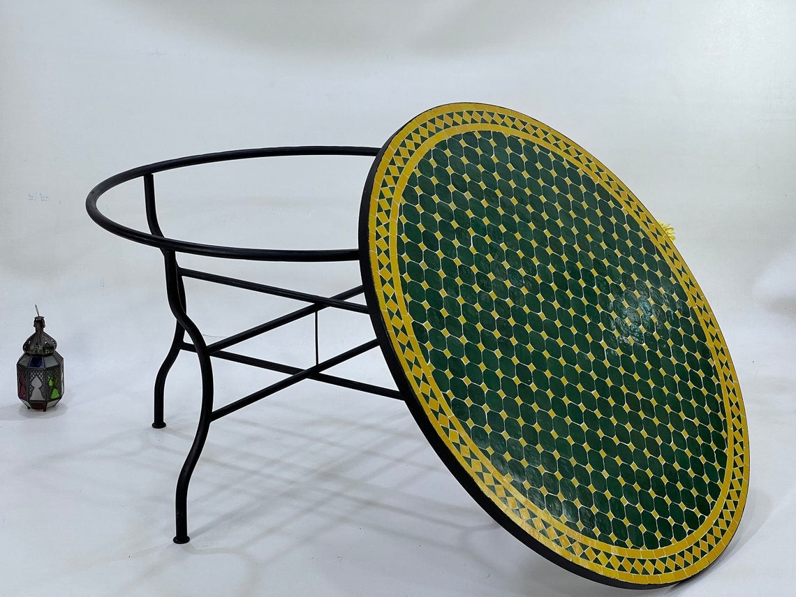 Asmae - Green Yellow Mosaic Dining Table 48 Inch, Round Moroccan Zellige Table