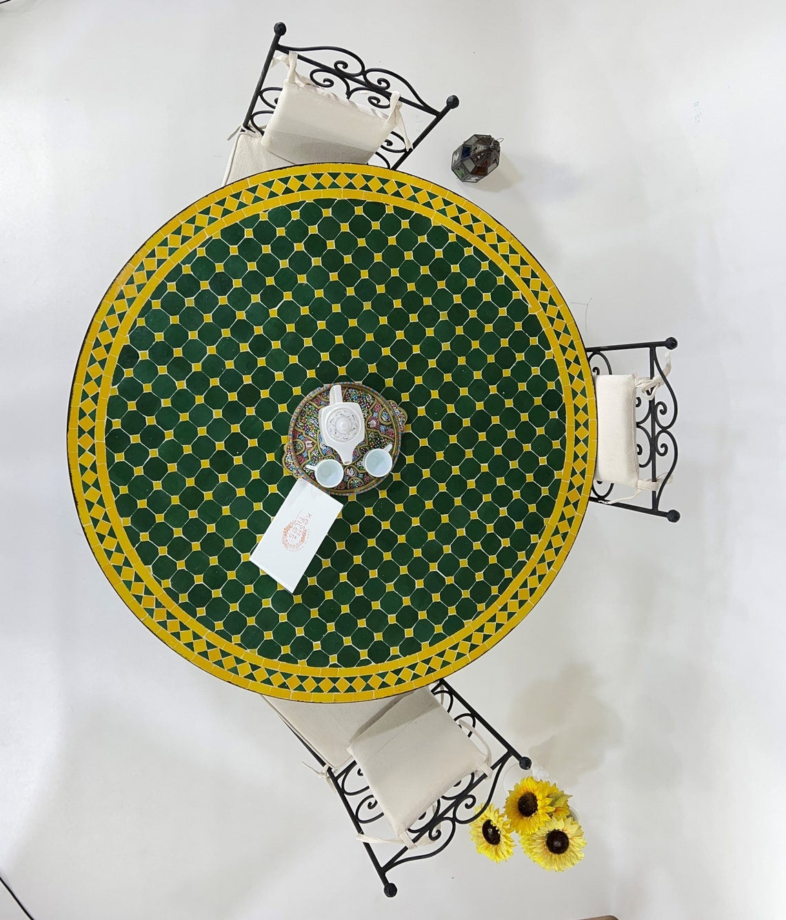 Asmae - Green Yellow Mosaic Dining Table 48 Inch, Round Moroccan Zellige Table