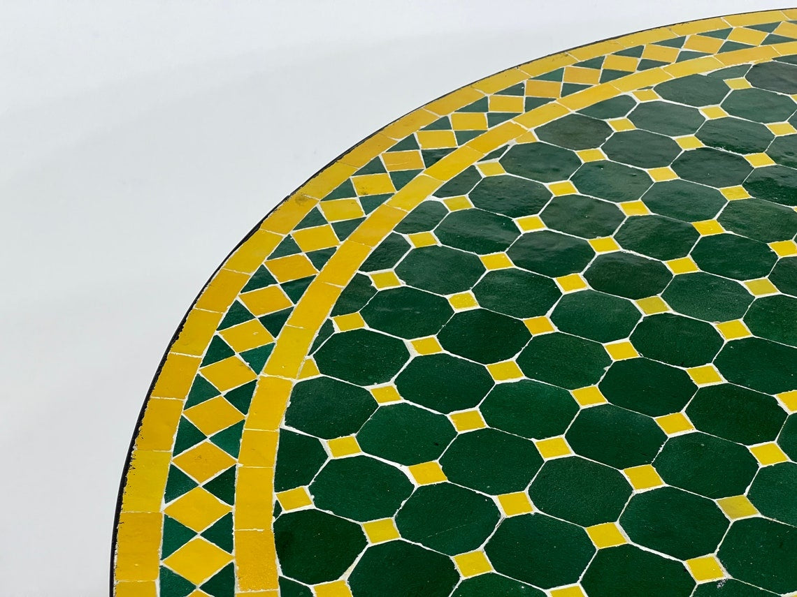 Asmae - Green Yellow Mosaic Dining Table 48 Inch, Round Moroccan Zellige Table