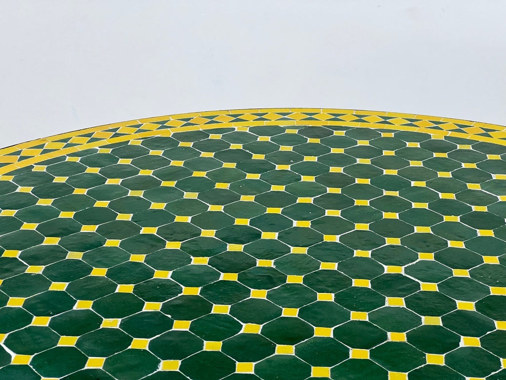 Asmae - Green and Yellow Mosaic Table, Round Handmade Moroccan Patio Table