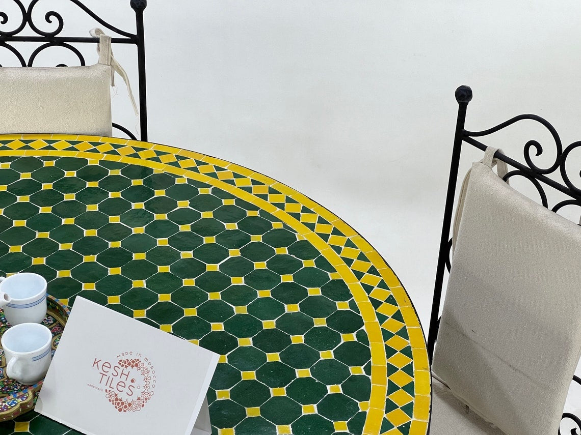 Asmae - Green Yellow Mosaic Dining Table 48 Inch, Round Moroccan Zellige Table