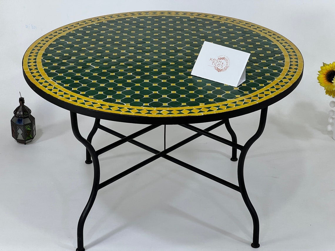 Asmae - Green Yellow Mosaic Dining Table 48 Inch, Round Moroccan Zellige Table