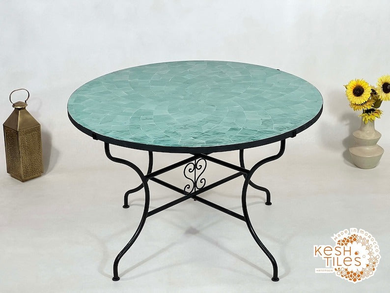 Samir - Round Cyan Mosaic Table, Handmade Flower Design Patio Table