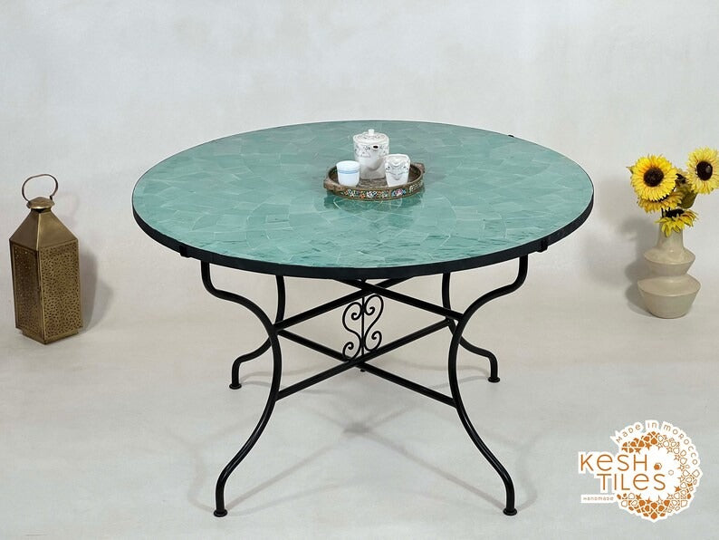 Samir - Round Cyan Mosaic Table, Handmade Flower Design Patio Table