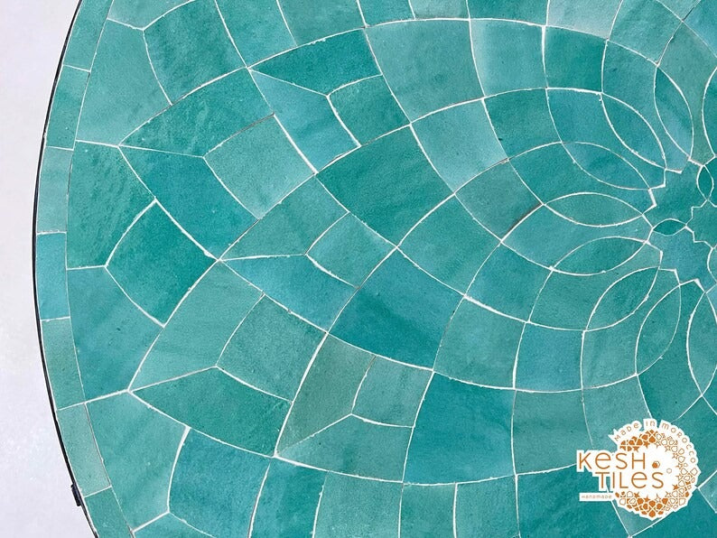 Samir - Round Cyan Mosaic Table, Handmade Flower Design Patio Table
