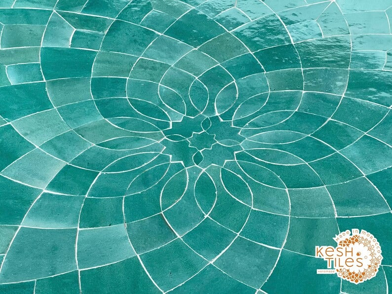 Samir - Round Cyan Mosaic Table, Handmade Flower Design Patio Table