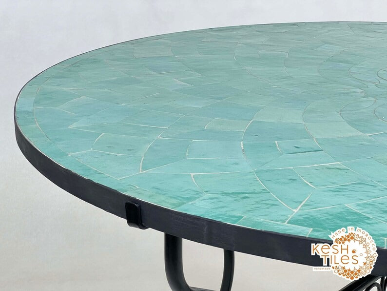 Samir - Round Cyan Mosaic Table, Handmade Flower Design Patio Table