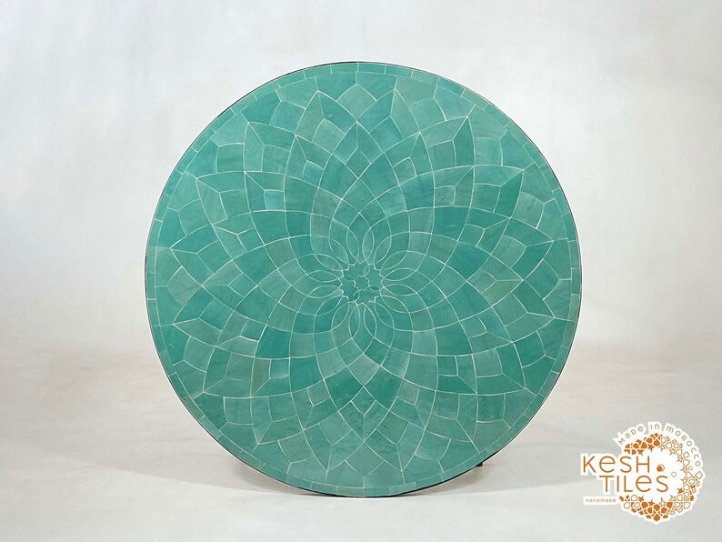 Samir - Round Cyan Mosaic Table, Handmade Flower Design Patio Table