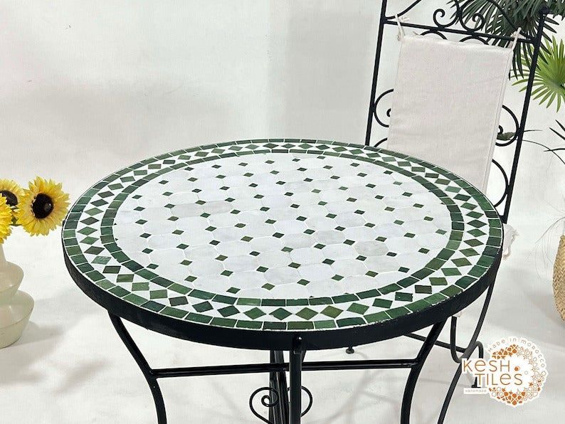 Tidili - Fern Green Mosaic Table, Round Handmade Moroccan Patio Table