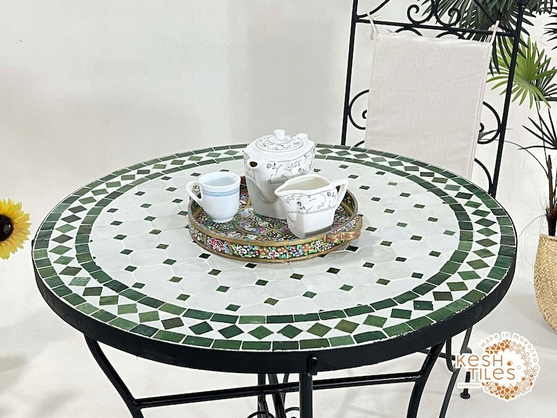 Tidili - Fern Green Mosaic Table, Round Handmade Moroccan Patio Table