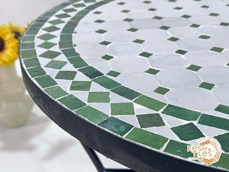 Tidili - Fern Green Mosaic Table, Round Handmade Moroccan Patio Table