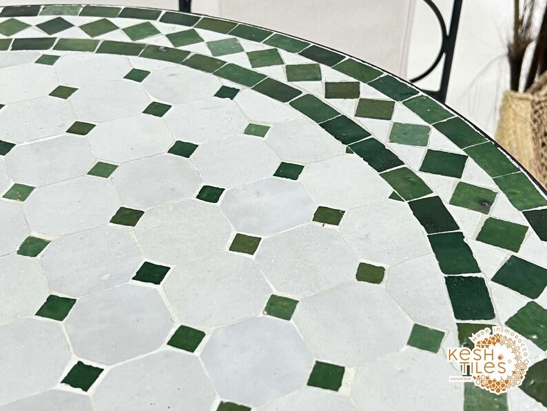Tidili - Fern Green Mosaic Table, Round Handmade Moroccan Patio Table
