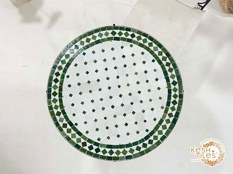 Tidili - Fern Green Mosaic Table, Round Handmade Moroccan Patio Table