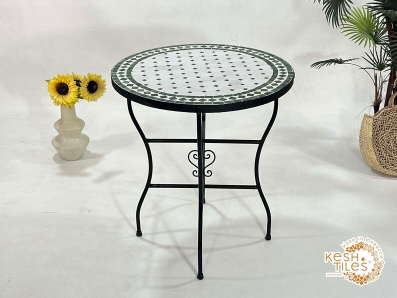 Tidili - Fern Green Mosaic Table, Round Handmade Moroccan Patio Table