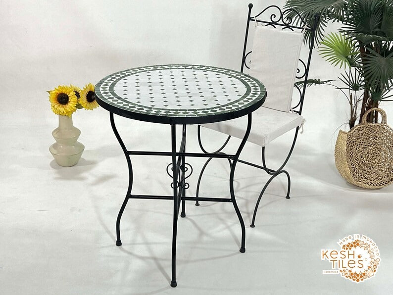 Tidili - Fern Green Mosaic Table, Round Handmade Moroccan Patio Table