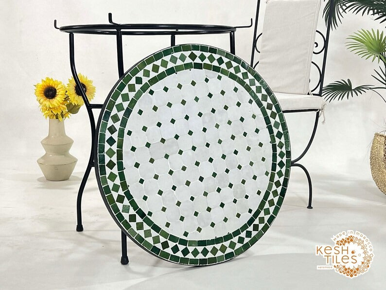 Tidili - Fern Green Mosaic Table, Round Handmade Moroccan Patio Table