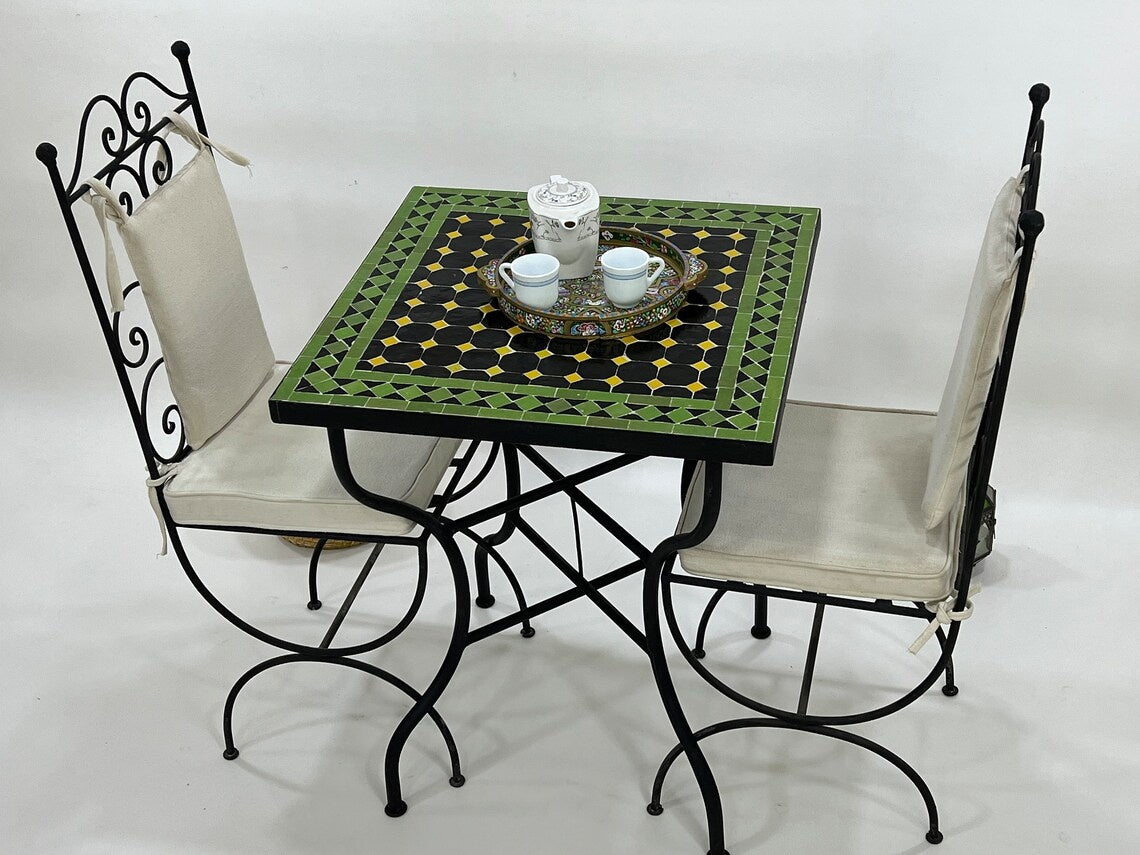 Tafsut - Green and Black Round Mosaic Table, Handmade Moroccan Zellige Table