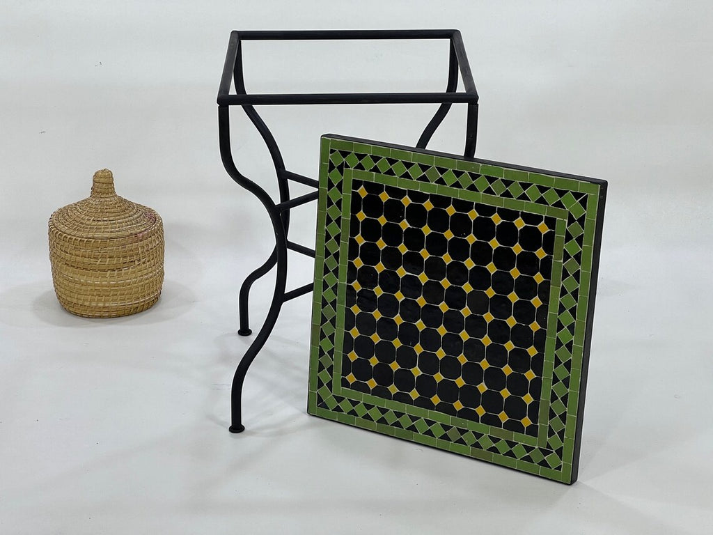Tafsut - Green and Black Round Mosaic Table, Handmade Moroccan Zellige Table
