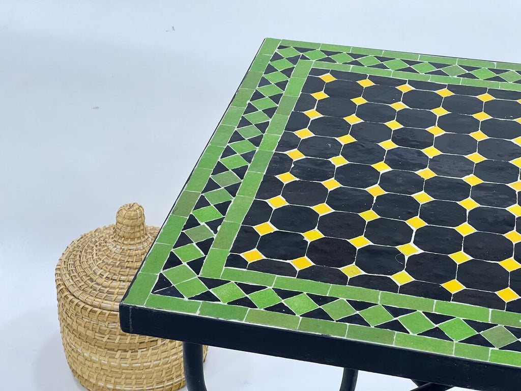 Tafsut - Green and Black Round Mosaic Table, Handmade Moroccan Zellige Table