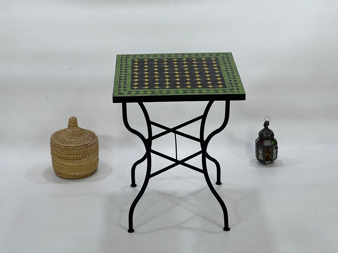 Tafsut - Green and Black Round Mosaic Table, Handmade Moroccan Zellige Table