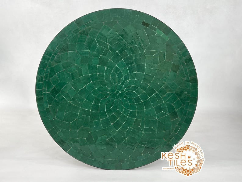 Drâa - Round Green Mosaic Table, Handmade Moroccan Flower Design Table