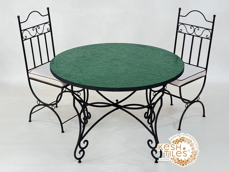 Drâa - Round Green Mosaic Table, Handmade Moroccan Flower Design Table