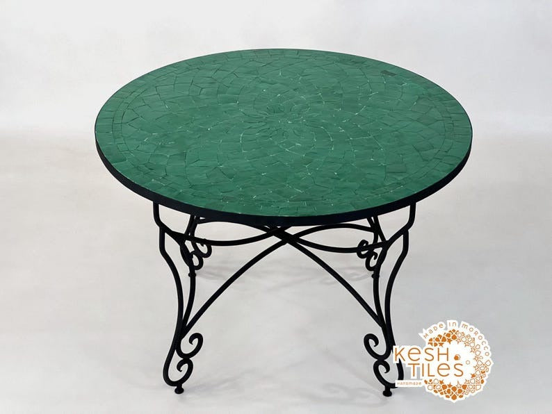 Drâa - Round Green Mosaic Table, Handmade Moroccan Flower Design Table