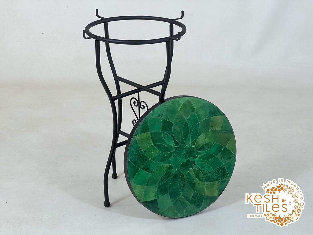 Tighremt - Round Seaweed Green Flower Mosaic Table, Handmade Moroccan Zellige Patio Table