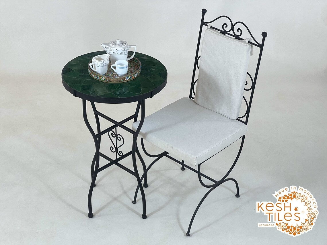 Tighremt - Round Seaweed Green Flower Mosaic Table, Handmade Moroccan Zellige Patio Table