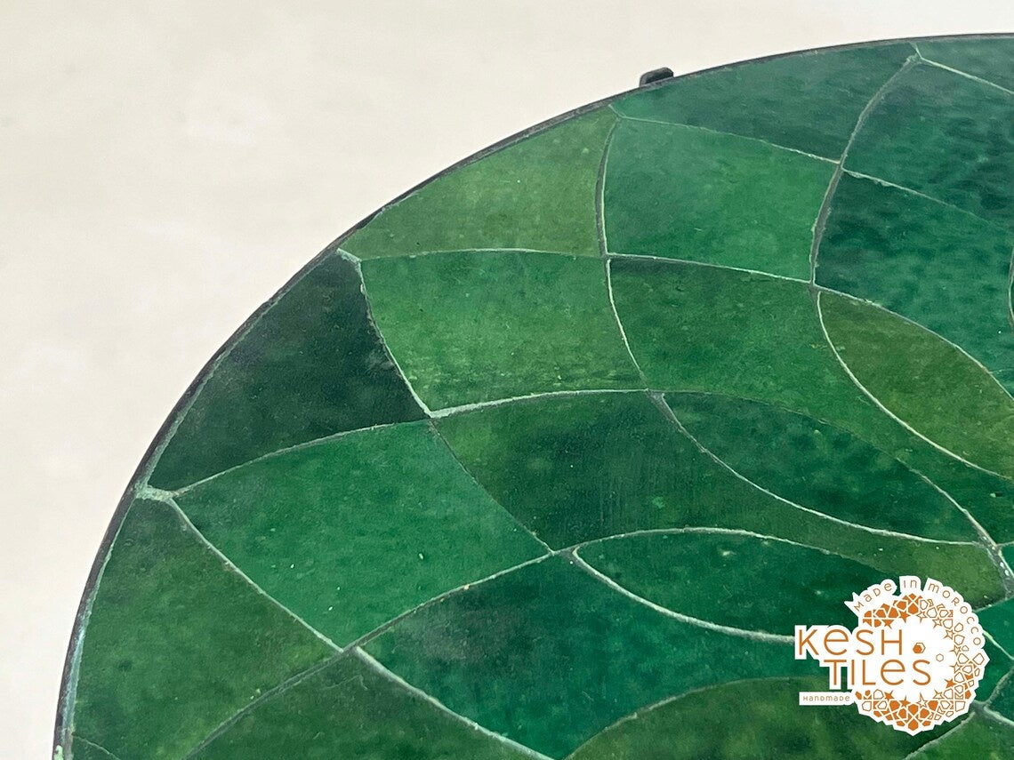 Tighremt - Round Seaweed Green Flower Mosaic Table, Handmade Moroccan Zellige Patio Table