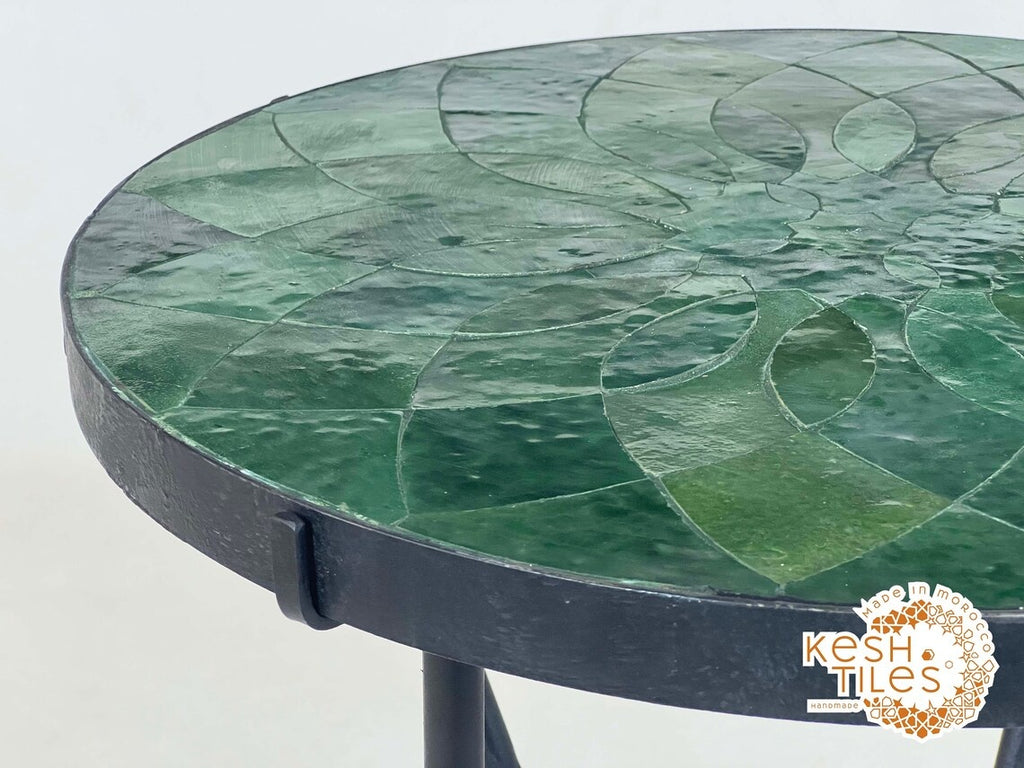 Tighremt - Round Seaweed Green Flower Mosaic Table, Handmade Moroccan Zellige Patio Table