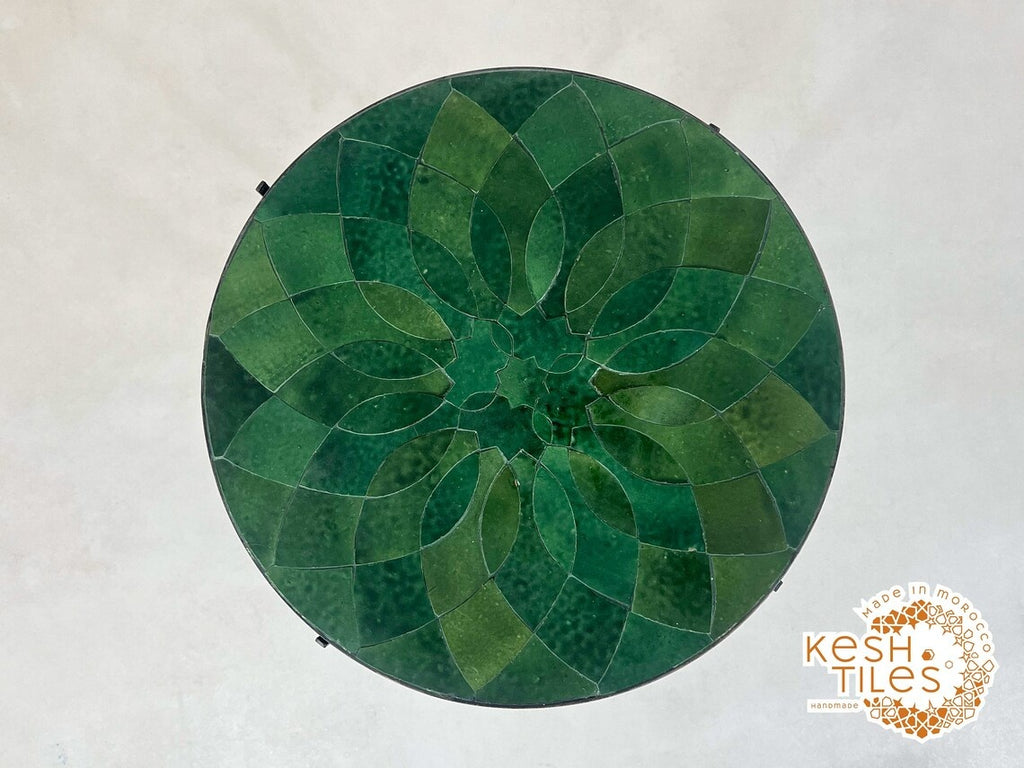 Tighremt - Round Seaweed Green Flower Mosaic Table, Handmade Moroccan Zellige Patio Table