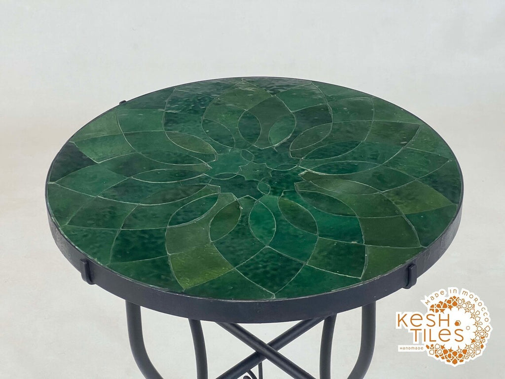 Tighremt - Round Seaweed Green Flower Mosaic Table, Handmade Moroccan Zellige Patio Table