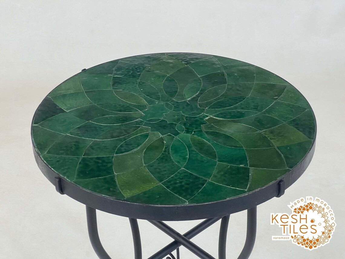Tighremt - Round Seaweed Green Flower Mosaic Table, Handmade Moroccan Zellige Patio Table